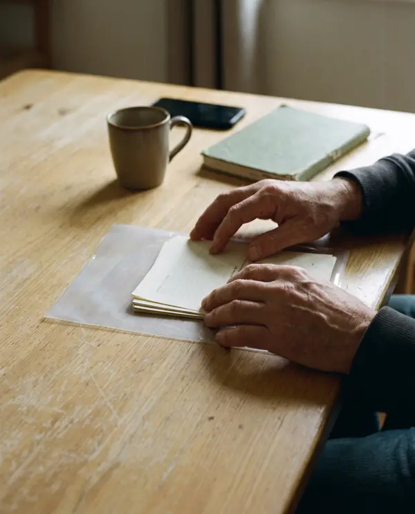 Unas manos guardan documentos en una funda transparente, con un café y un móvil al lado