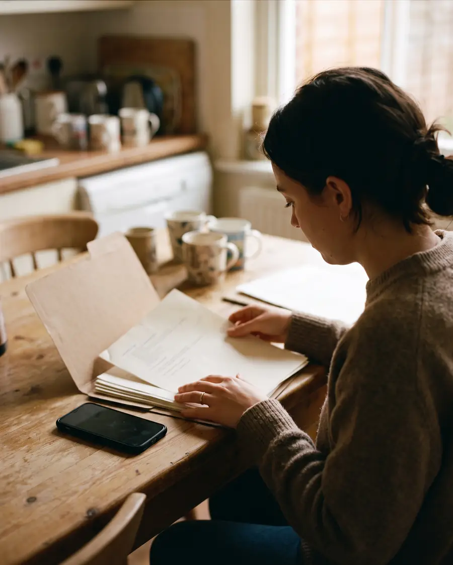 Una persona revisa sus papeles en la mesa de la cocina, con el móvil al lado